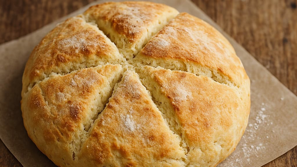 Rustic round loaf of Australian damper bread with golden crust, sitting on a wooden board
