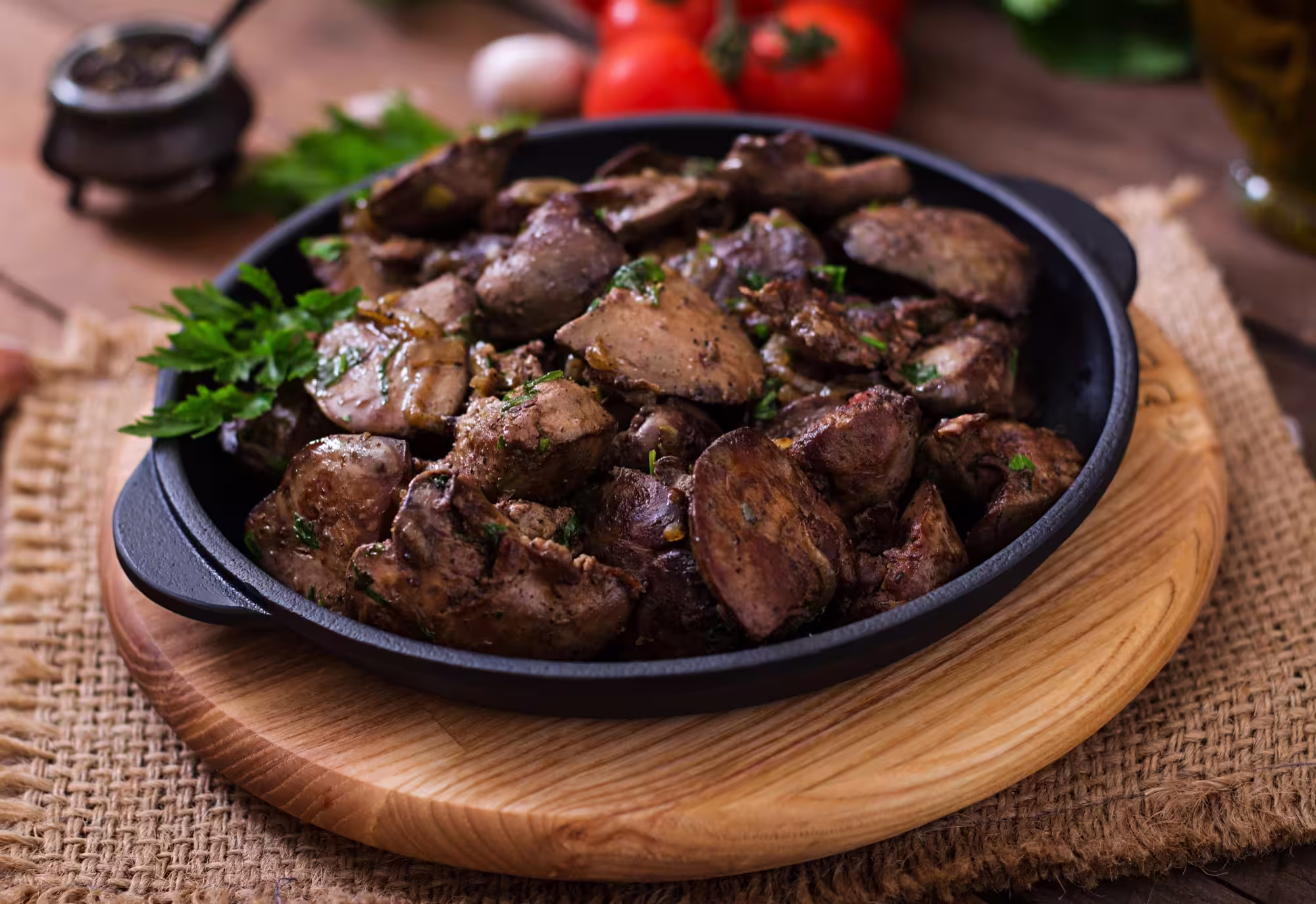 Skillet of fried chicken livers with caramelized onions and herbs