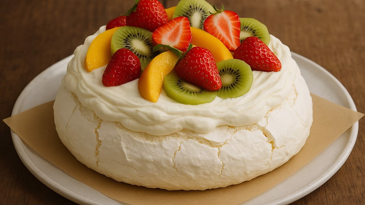 Round pavlova with white meringue base topped with whipped cream, strawberries, kiwi, and passion fruit