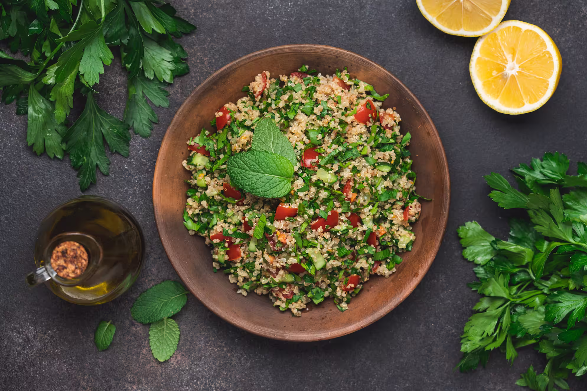 A bowl of fresh quinoa tabbouleh